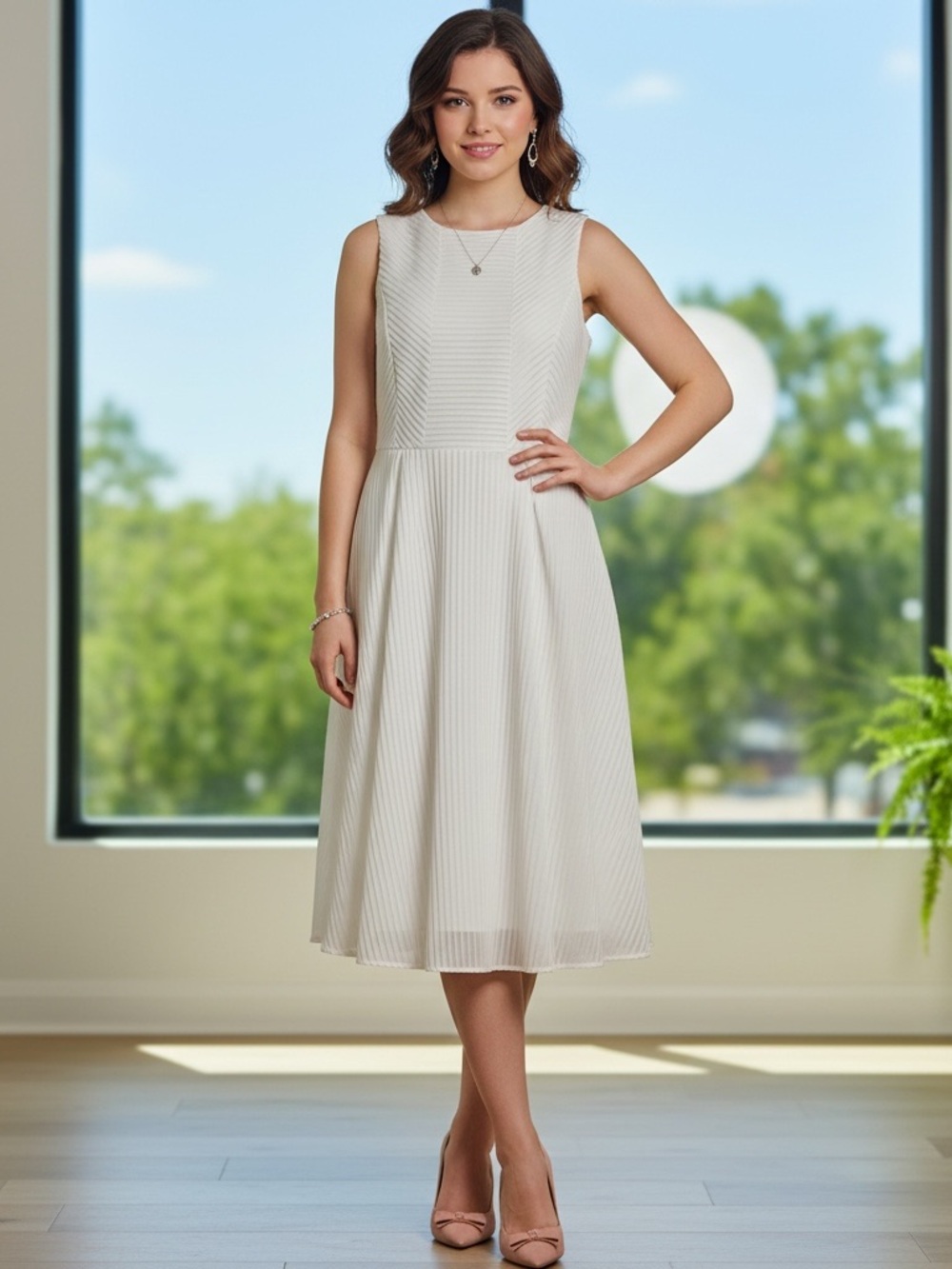 Gracia White Sleeveless Pleated Midi Dress